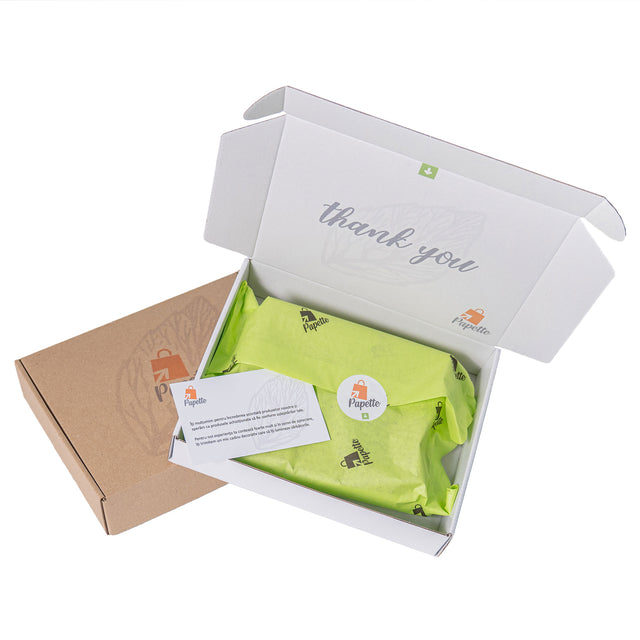 Hârtie de mătase verde-lime personalizata, aranjată într-o cutie de transport si thank you card, 28g/m² – dimensiune 50x75cm