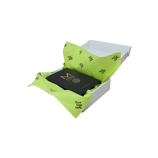 Hârtie de mătase personalizată verde-lime, aranjată într-o cutie de transport, 28g/m² – dimensiune 50x75cm