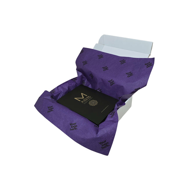 Hârtie de mătase personalizată violet, aranjată într-o cutie de transport, 28g/m² – dimensiune 50x75cm