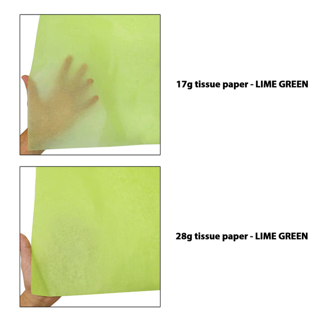 Hârtie de mătase verde-lime, comparație transparențe 17g/m² vs 28g/m², dimensiune 50x75cm