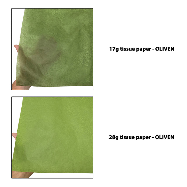 Hârtie de mătase verde măsliniu, comparație transparențe 17g/m² vs 28g/m², dimensiune 50x75cm