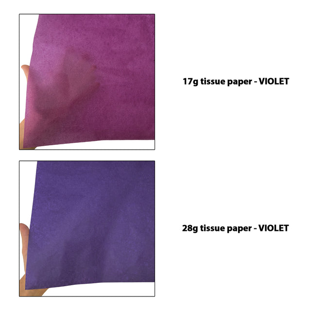 Hârtie de mătase violet, comparație transparențe 17g/m² vs 28g/m², dimensiune 50x75cm