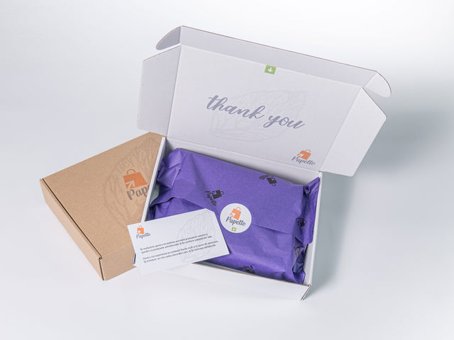 Hârtie de mătase violet, aranjată într-o cutie de transport si thank you card, 28g/m² – dimensiune 50x75cm