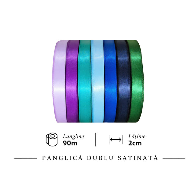 Panglică dublu satinată – culori mov, albastru, turcoaz și verde.