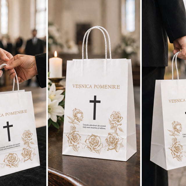 Pungă hârtie kraft ALB pentru parastas, pomană, înmormântare „Trandafirii Aurii” Veşnică Pomenire – mânere răsucite – 22 x 31(H) x 10 cm