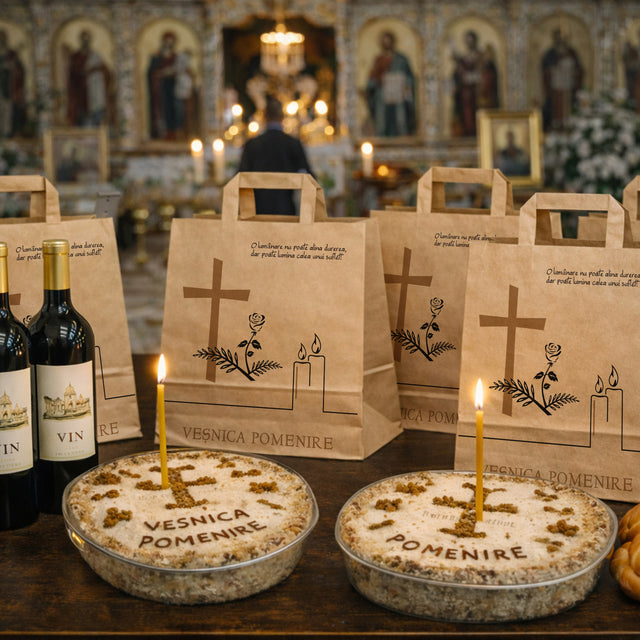 Pungă hârtie kraft NATUR pentru parastas, pomană, înmormântare „Lumânare şi Trandafir” Veşnică Pomenire – mânere plate – 32 x 27(H) x 21 cm