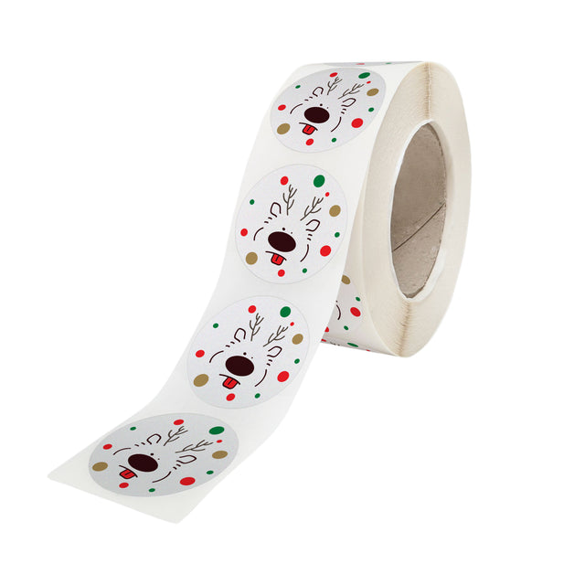 Rola stickere model Craciun Jolly Reindeer – stickere rotunde pentru ambalaje de sarbatori
