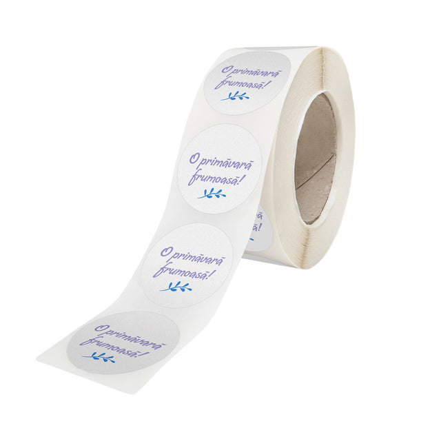 Rola stickere model Floral Blue Meadow 1B – stickere rotunde pentru ambalaje de sarbatori