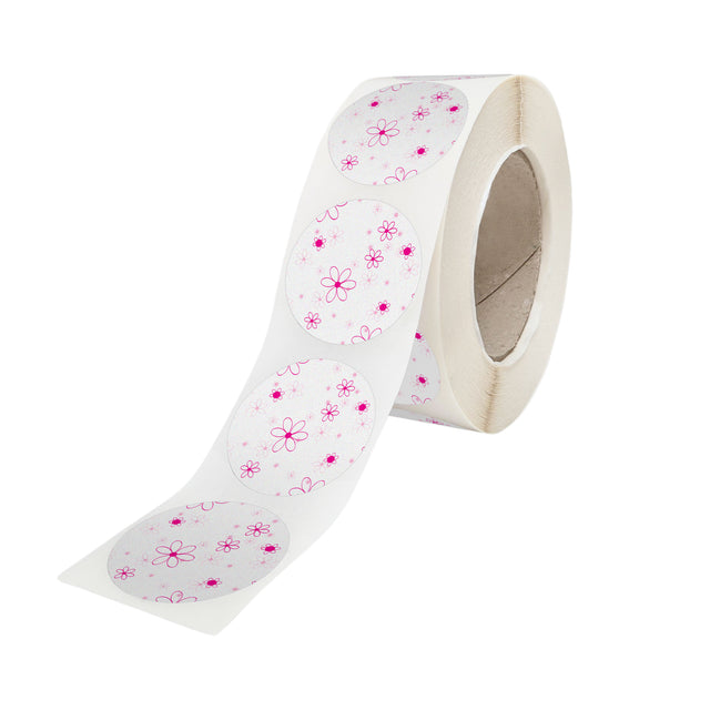 Rola stickere model Floral Pink Bubble 9a – stickere rotunde pentru ambalaje de sarbatori