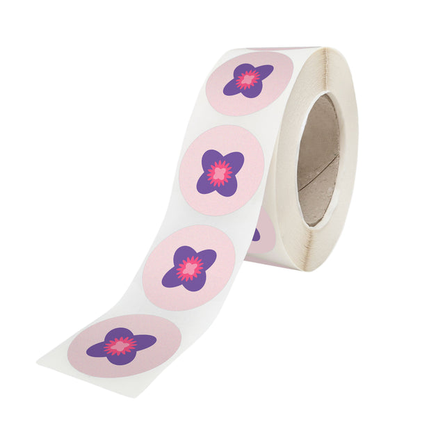 Rola stickere model Floral Purple Bloom 2c – stickere rotunde pentru ambalaje de sarbatori