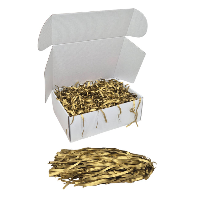 Umplutură din hârtie de mătase gold expusă într-o cutie cadou albă