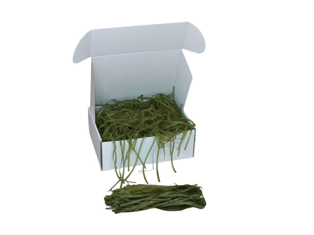 Umplutură din hârtie de mătase oliven expusă într-o cutie cadou albă