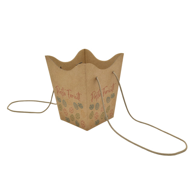 Pungă carton NATUR pentru flori - Model 4 Paște cu mânere din șnur textil 11 x 18,5(H) x 11cm
