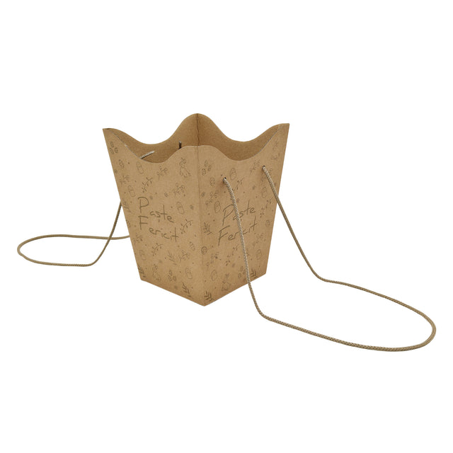 Pungă carton NATUR pentru flori - Model 3 Paște cu mânere din șnur textil 11 x 18,5(H) x 11cm