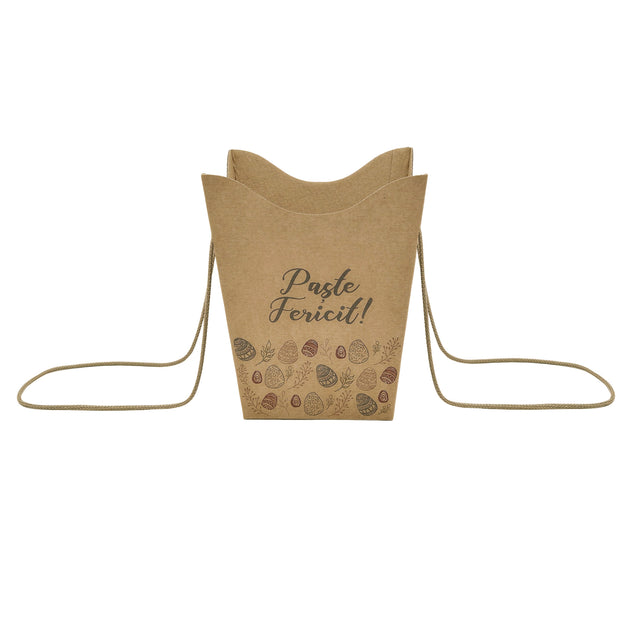 Pungă carton NATUR pentru flori - Model 1 Paște cu mânere din șnur textil 11 x 18,5(H) x 11cm