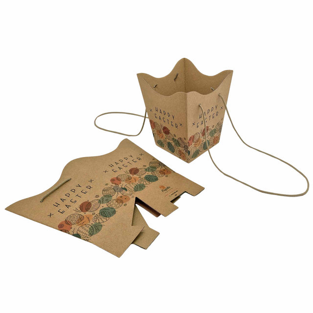 Pungă carton NATUR pentru flori - Model 6 Paște cu mânere din șnur textil 11 x 18,5(H) x 11cm