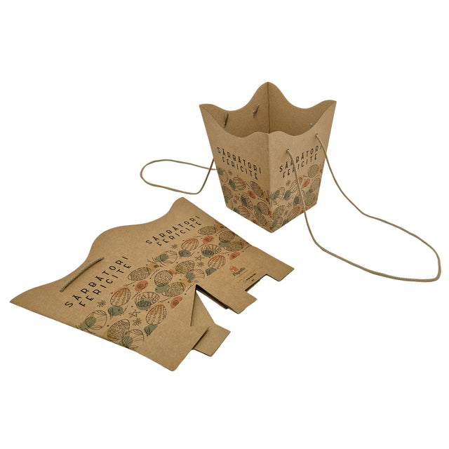 Pungă carton NATUR pentru flori - Model 7 Paște cu mânere din șnur textil 11 x 18,5(H) x 11cm