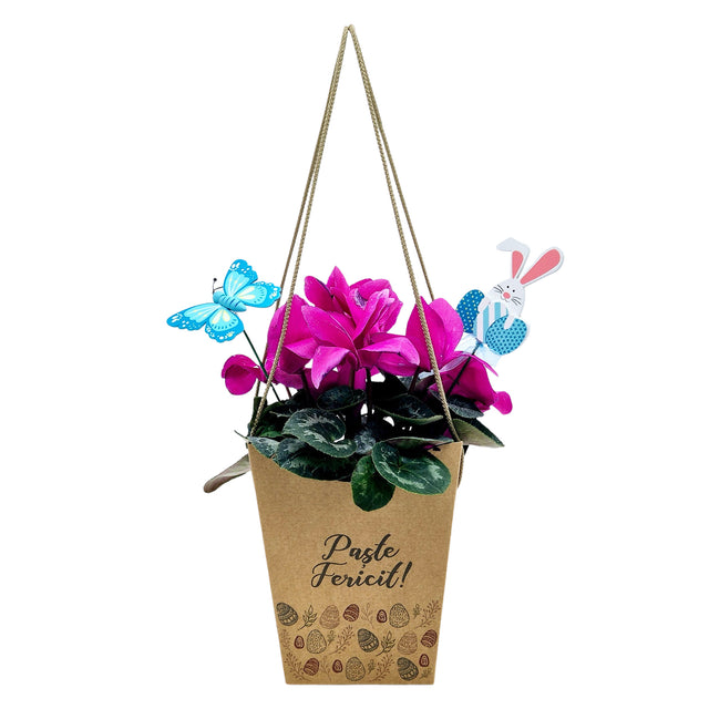 Pungă carton NATUR pentru flori - Model 1 Paște cu mânere din șnur textil 11 x 18,5(H) x 11cm