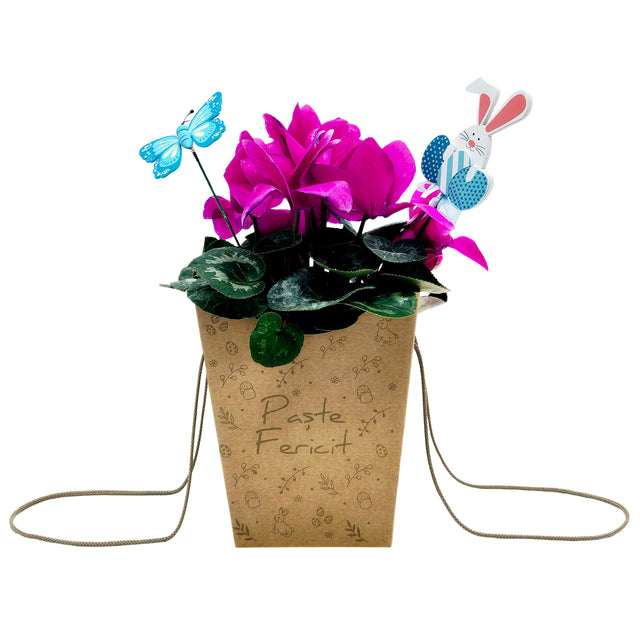 Pungă carton NATUR pentru flori - Model 3 Paște cu mânere din șnur textil 11 x 18,5(H) x 11cm