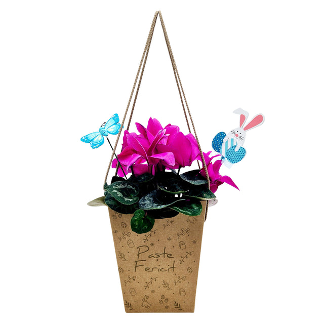 Pungă carton NATUR pentru flori - Model 3 Paște cu mânere din șnur textil 11 x 18,5(H) x 11cm