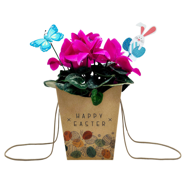 Pungă carton NATUR pentru flori - Model 6 Paște cu mânere din șnur textil 11 x 18,5(H) x 11cm