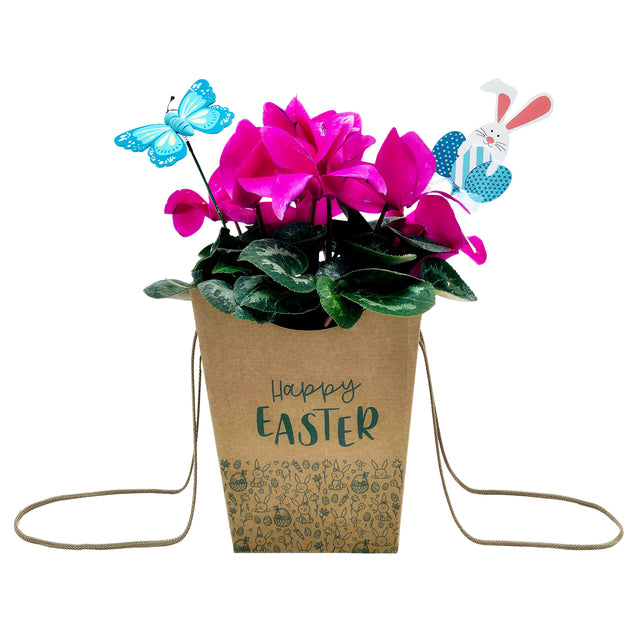 Pungă carton NATUR pentru flori - Model 8 Paște cu mânere din șnur textil 11 x 18,5(H) x 11cm