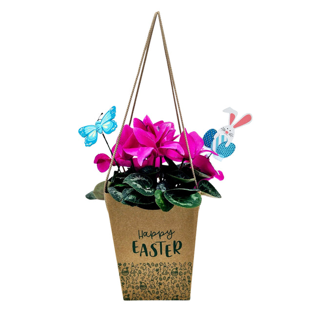 Pungă carton NATUR pentru flori - Model 8 Paște cu mânere din șnur textil 11 x 18,5(H) x 11cm