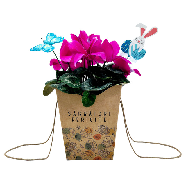 Pungă carton NATUR pentru flori - Model 7 Paște cu mânere din șnur textil 11 x 18,5(H) x 11cm