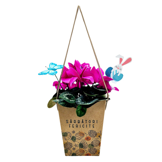 Pungă carton NATUR pentru flori - Model 7 Paște cu mânere din șnur textil 11 x 18,5(H) x 11cm