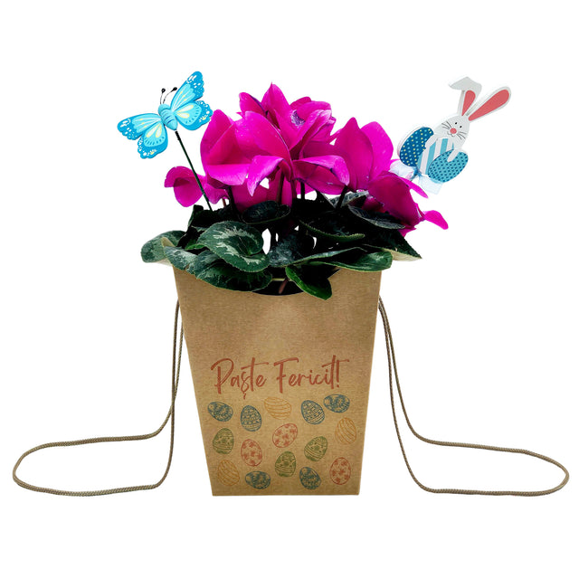 Pungă carton NATUR pentru flori - Model 4 Paște cu mânere din șnur textil 11 x 18,5(H) x 11cm