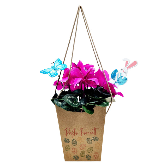 Pungă carton NATUR pentru flori - Model 4 Paște cu mânere din șnur textil 11 x 18,5(H) x 11cm