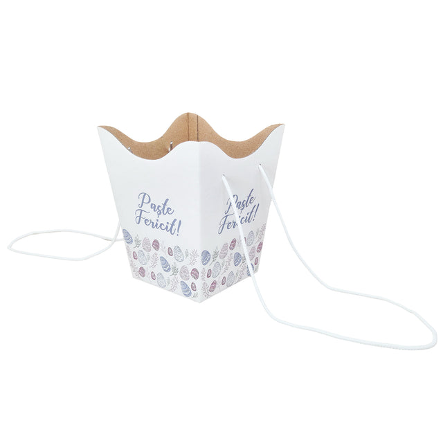 Pungă carton ALB pentru flori - Model 1 Paște cu mânere din șnur textil 11 x 18,5(H) x 11cm