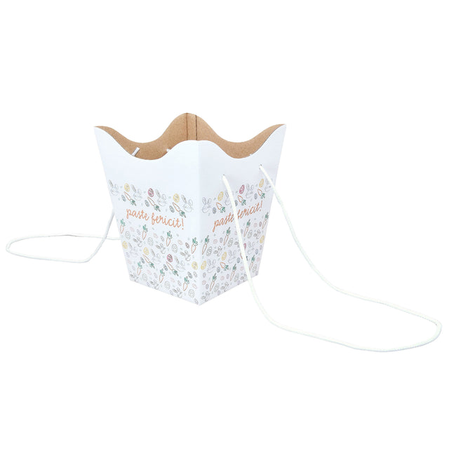 Pungă carton ALB pentru flori - Model 5 Paște cu mânere din șnur textil 11 x 18,5(H) x 11cm