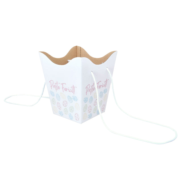 Pungă carton ALB pentru flori - Model 4 Paște cu mânere din șnur textil 11 x 18,5(H) x 11cm