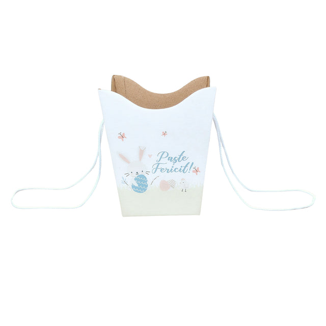 Pungă carton ALB pentru flori - Model 2 Paște cu mânere din șnur textil 11 x 18,5(H) x 11cm