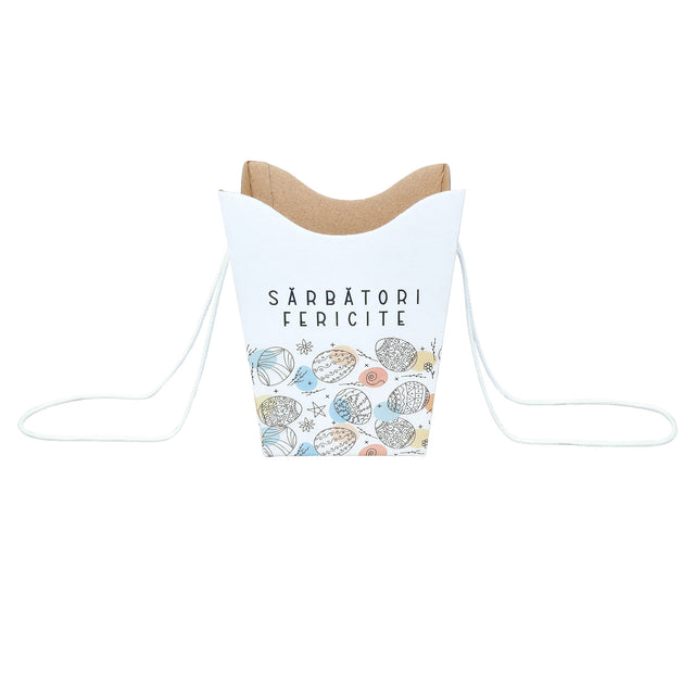 Pungă carton ALB pentru flori - Model 7 Paște cu mânere din șnur textil 11 x 18,5(H) x 11cm