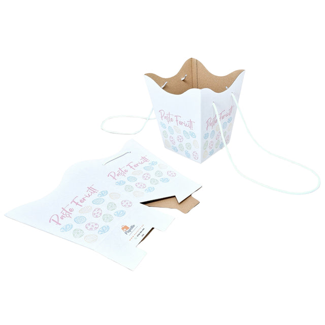 Pungă carton ALB pentru flori - Model 4 Paște cu mânere din șnur textil 11 x 18,5(H) x 11cm