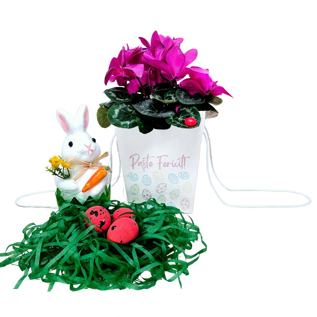 Pungă carton ALB pentru flori - Model 4 Paște cu mânere din șnur textil 11 x 18,5(H) x 11cm