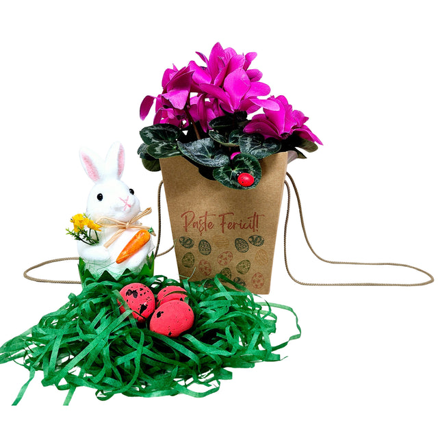 Pungă carton NATUR pentru flori - Model 4 Paște cu mânere din șnur textil 11 x 18,5(H) x 11cm
