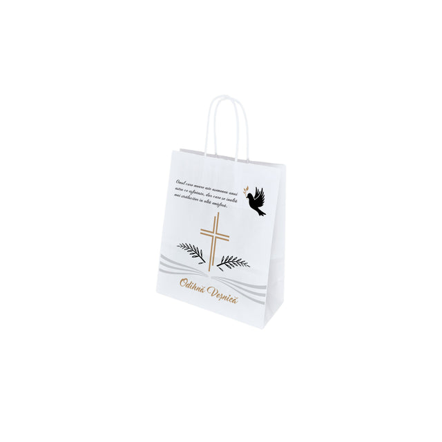 Pungă hârtie kraft ALB pentru parastas, pomană, înmormântare „Porumbel Ceresc” Odihnă Veşnică – mânere răsucite – 18 x 22(H) x 8 cm