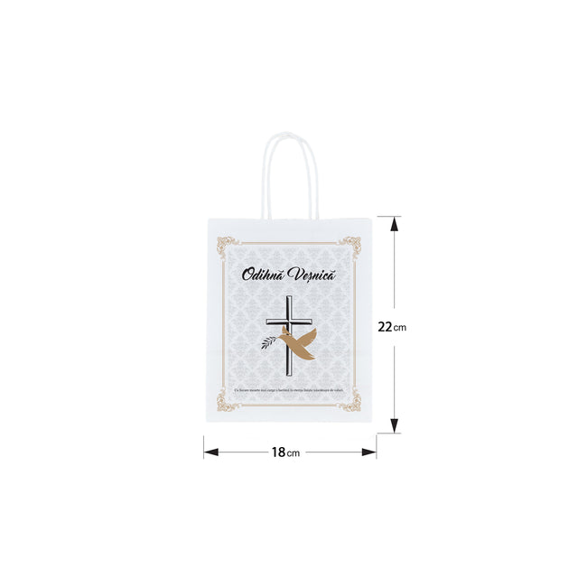 Pungă hârtie kraft ALB pentru parastas, pomană, înmormântare „Porumbel Auriu” Odihnă Veşnică – mânere răsucite – 18 x 22(H) x 8 cm