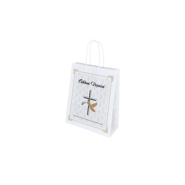 Pungă hârtie kraft ALB pentru parastas, pomană, înmormântare „Porumbel Auriu” Odihnă Veşnică – mânere răsucite – 18 x 22(H) x 8 cm