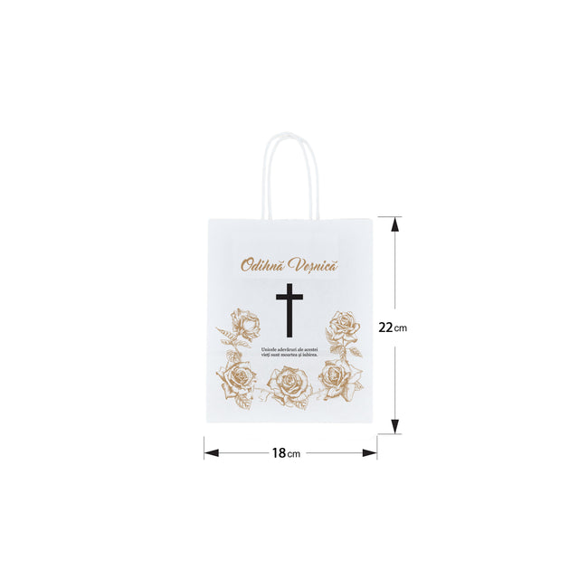 Pungă hârtie kraft ALB pentru parastas, pomană, înmormântare „Trandafirii Aurii” Odihnă Veşnică – mânere răsucite – 18 x 22(H) x 8 cm