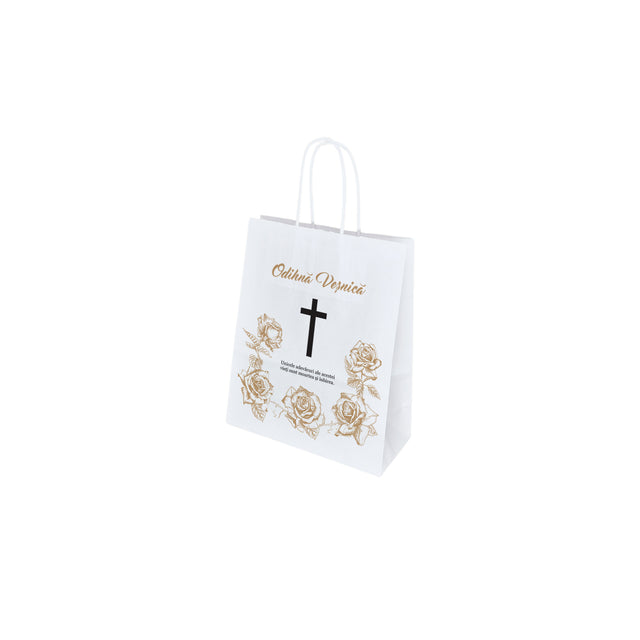 Pungă hârtie kraft ALB pentru parastas, pomană, înmormântare „Trandafirii Aurii” Odihnă Veşnică – mânere răsucite – 18 x 22(H) x 8 cm