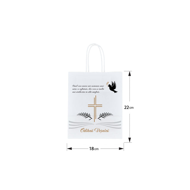 Pungă hârtie kraft ALB pentru parastas, pomană, înmormântare „Porumbel Ceresc” Odihnă Veşnică – mânere răsucite – 18 x 22(H) x 8 cm