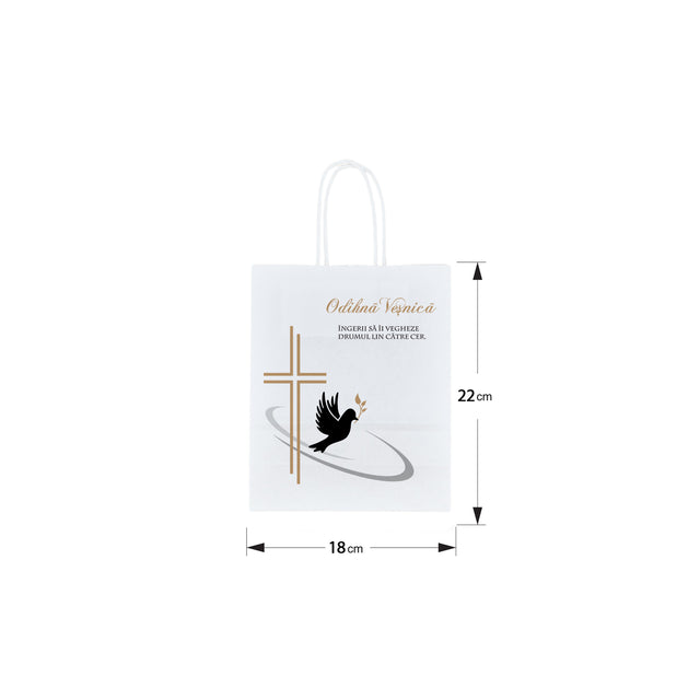 Pungă hârtie kraft ALB pentru parastas, pomană, înmormântare „Drumul Spre Cer” Odihnă Veşnică – mânere răsucite – 18 x 22(H) x 8 cm