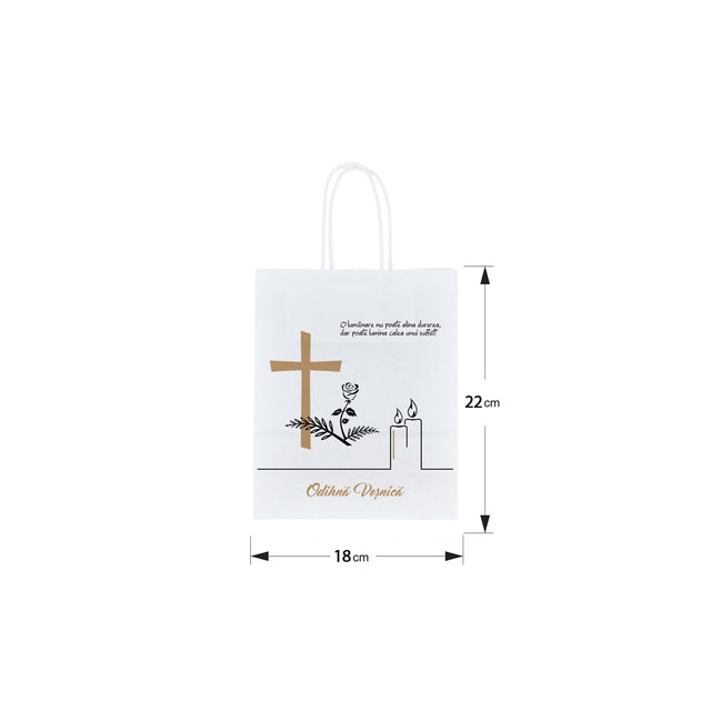 Pungă hârtie kraft ALB pentru parastas, pomană, înmormântare „Lumânare şi Trandafir” Odihnă Veşnică – mânere răsucite – 18 x 22(H) x 8 cm