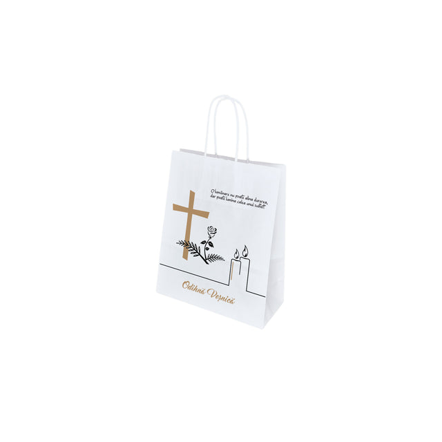 Pungă hârtie kraft ALB pentru parastas, pomană, înmormântare „Lumânare şi Trandafir” Odihnă Veşnică – mânere răsucite – 18 x 22(H) x 8 cm