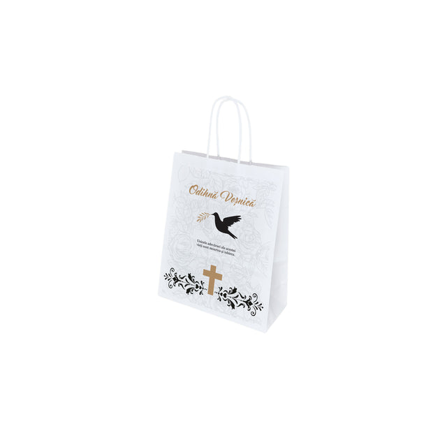 Pungă hârtie kraft ALB pentru parastas, pomană, înmormântare „Porumbel cu Trandafiri” Odihnă Veşnică – mânere răsucite – 18 x 22(H) x 8 cm