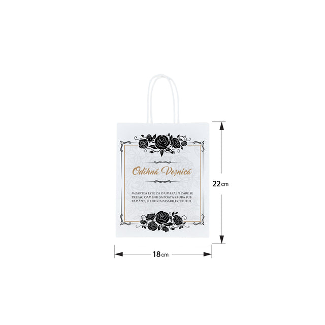 Pungă hârtie kraft ALB pentru parastas, pomană, înmormântare „Trandafiri Negri” Odihnă Veşnică – mânere răsucite – 18 x 22(H) x 8 cm